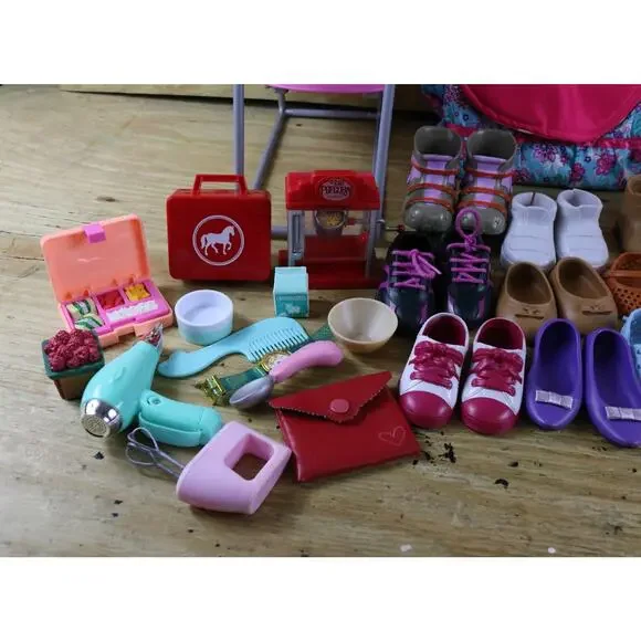 Our Generation Doll Lot of 42 Blonde Girl Shoes Boots Sandals Desk Bean Bag pack